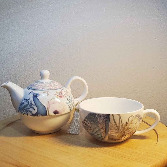 SUMMER RIVER Tea for One TEAPOT W/ TASSEL CUP LID Peacock Floral Porcelain 6 in - Picture 5 of 10